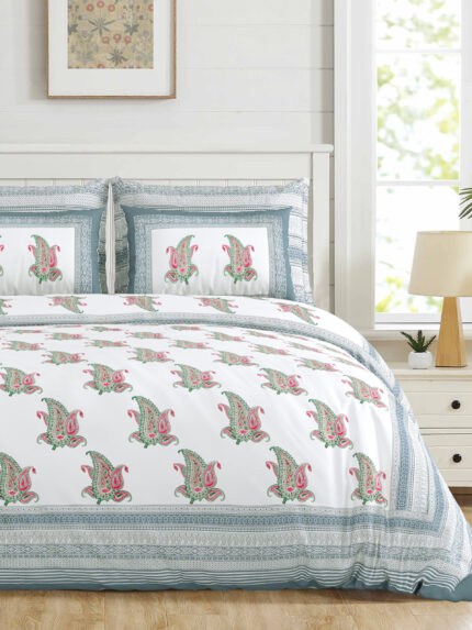 Sneha King Size Pure Cotton White Grey Floral