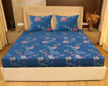 SANFORDZ Queen size bed sheet (SZ-1457-Peacock Blue Floral)230*250 Cm